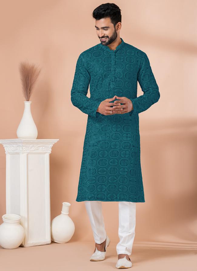 Viscose Teal Festival Wear Sequins Work Readymade Kurta Pajama